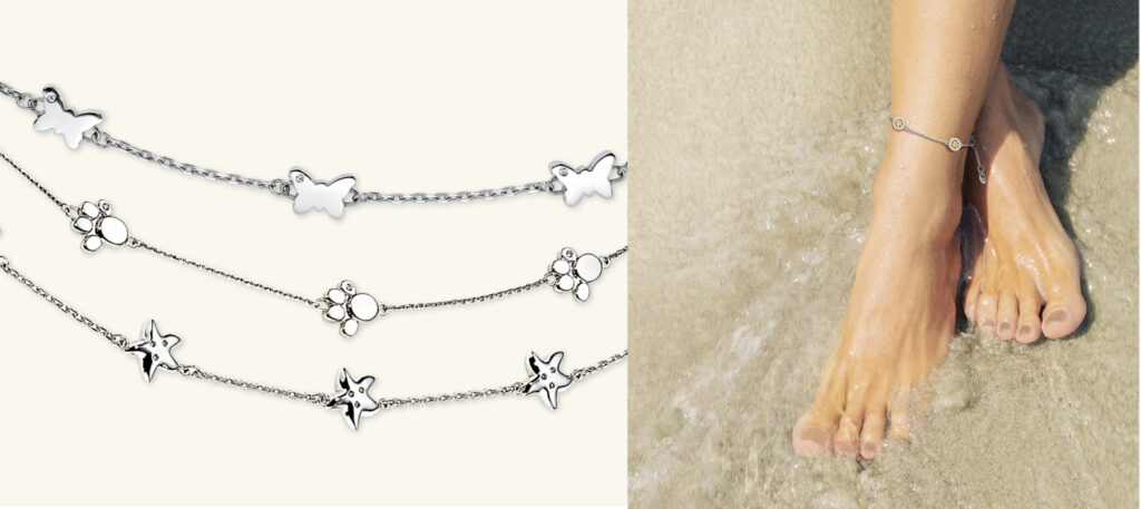Chaînes de cheville magnétiques avec motifs d'étoile de mer, de patte ou de papillon.