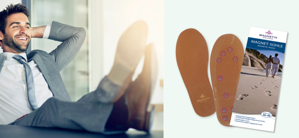 Light legs in the office. An attractive man makes himself comfortable in the office and puts his legs on the table. Next to him are Magnetix anklets with magnets for light legs.